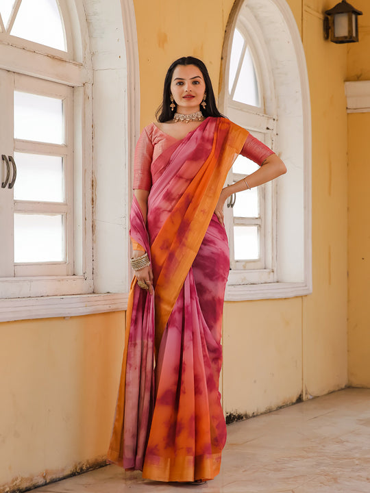 Pink Printed Pure Georgette Saree With Blouse Piece