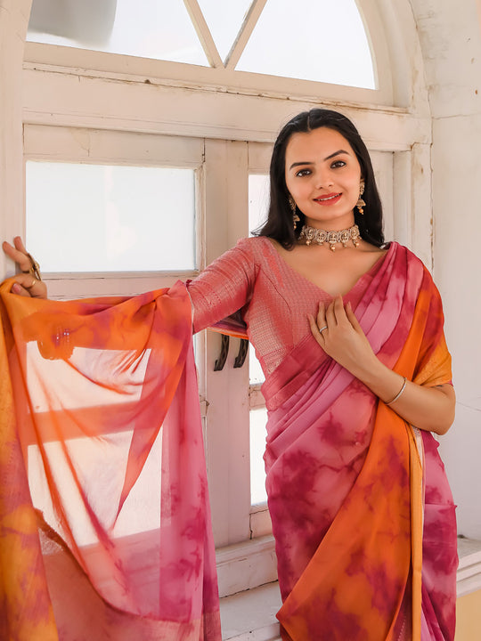 Pink Printed Pure Georgette Saree With Blouse Piece