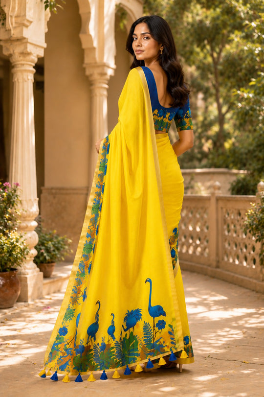 Yellow Printed Saree With Blouse Piece