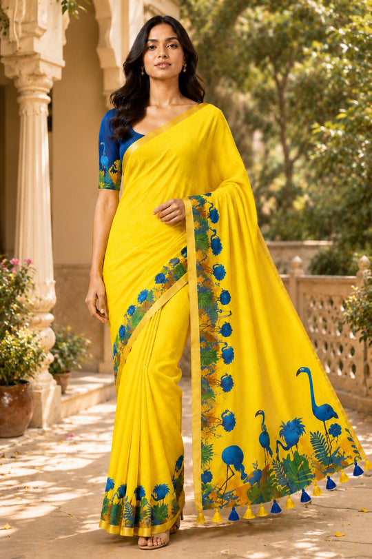 Yellow Printed Saree With Blouse Piece