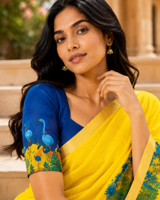 Yellow Printed Saree With Blouse Piece