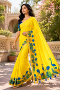 Yellow Printed Saree With Blouse Piece