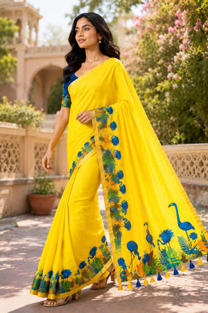Yellow Printed Saree With Blouse Piece