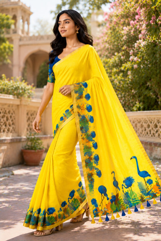 Yellow Printed Saree With Blouse Piece