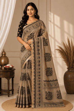 Brown Printed Saree With Blouse Piece