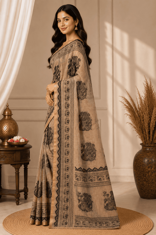 Brown Printed Saree With Blouse Piece