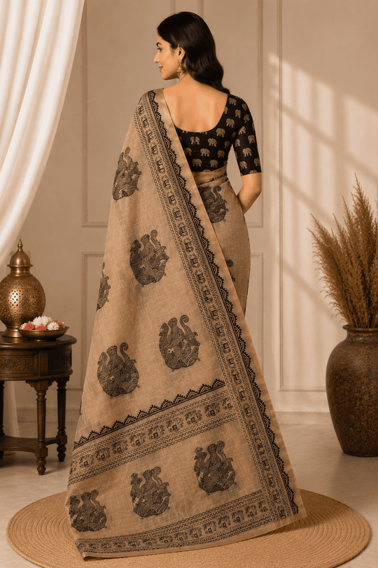 Brown Printed Saree With Blouse Piece