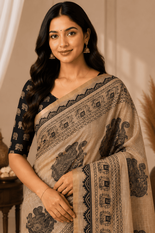 Brown Printed Saree With Blouse Piece