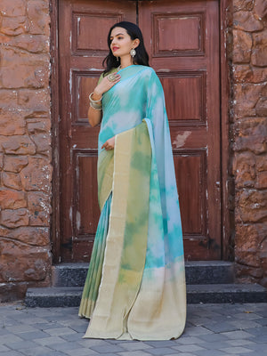 Light Blue Printed Pure Georgette Saree With Blouse Piece