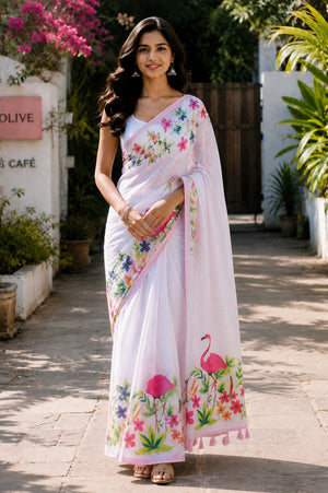 White Printed Saree With Blouse Piece