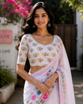 White Printed Saree With Blouse Piece