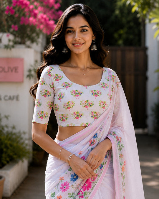 White Printed Saree With Blouse Piece