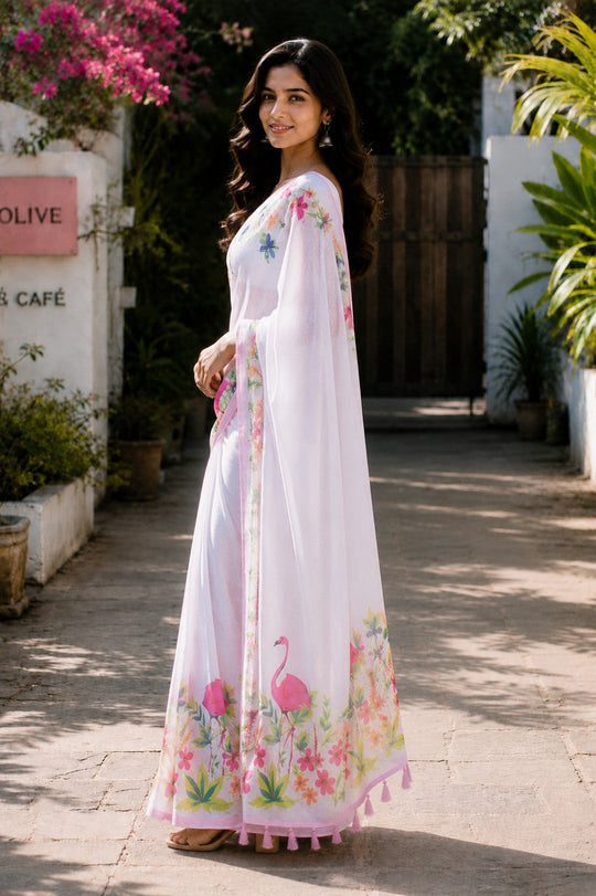 White Printed Saree With Blouse Piece