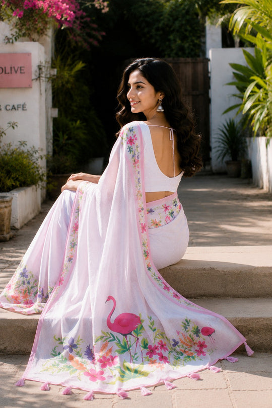 White Printed Saree With Blouse Piece