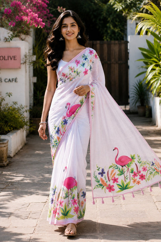 White Printed Saree With Blouse Piece