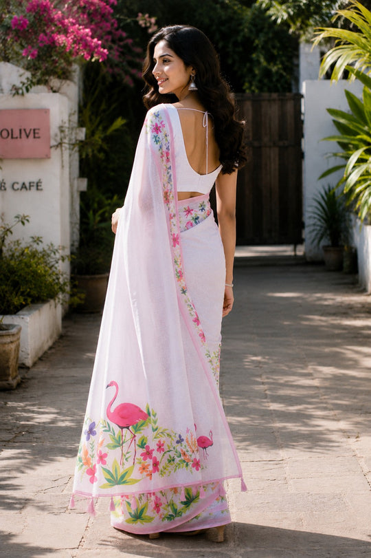 White Printed Saree With Blouse Piece