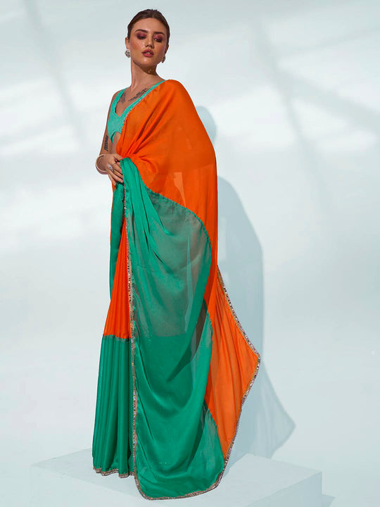 Green & Orange Pure Chiffon Party Wear Saree With Blouse Piece
