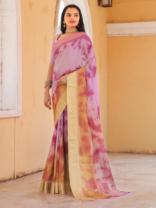 Purple Printed Pure Georgette Saree With Blouse Piece