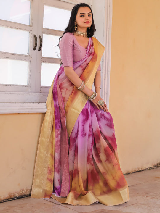Purple Printed Pure Georgette Saree With Blouse Piece