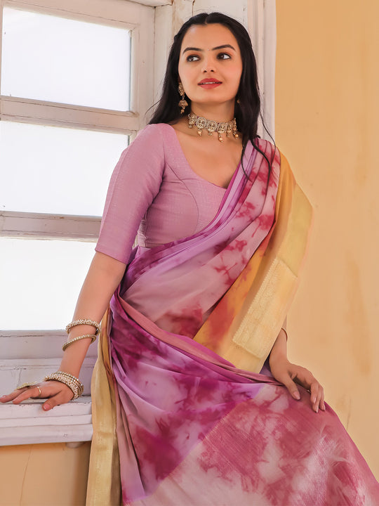 Purple Printed Pure Georgette Saree With Blouse Piece
