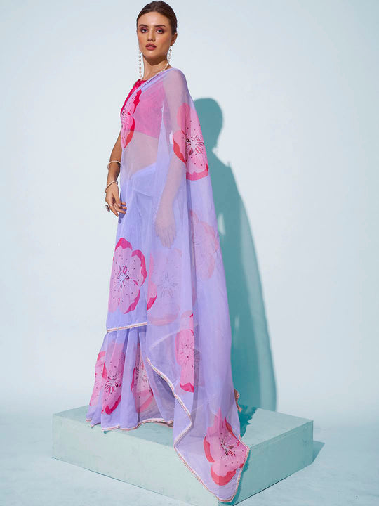 Blue Organza Party Wear Saree With Blouse Piece