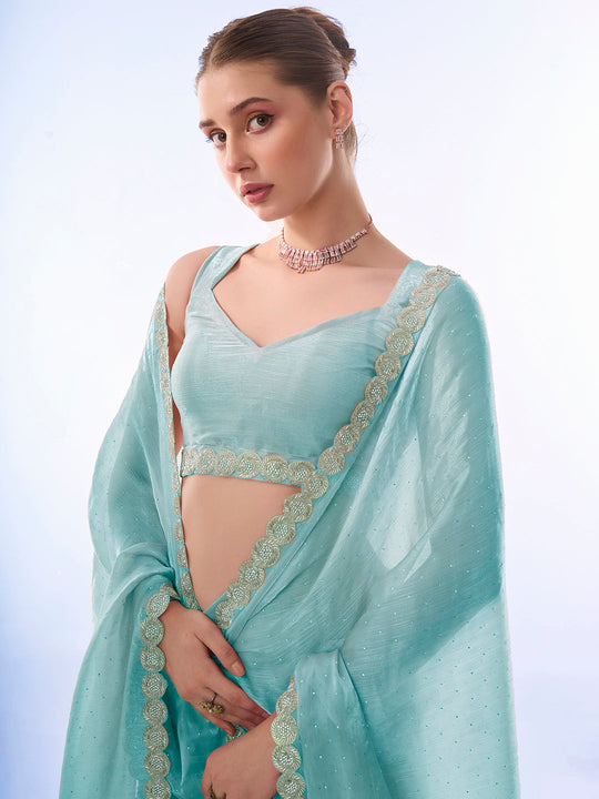 Blue Embellished Beads And Stones Pure Chiffon Saree With Blouse Piece