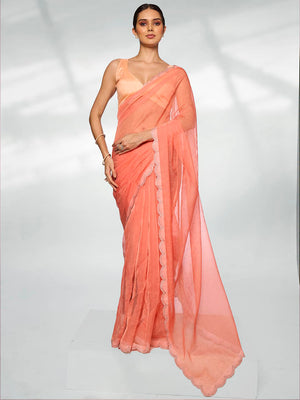 Peach Organza Party Wear Saree With Blouse Piece