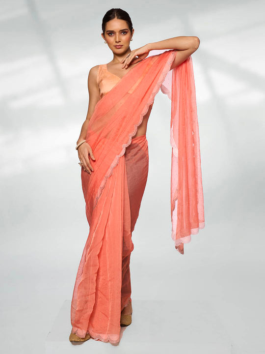 Peach Organza Party Wear Saree With Blouse Piece