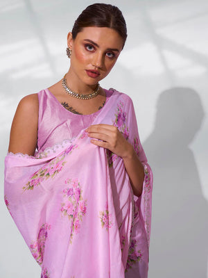 Pink Satin Party Wear Saree With Blouse Piece