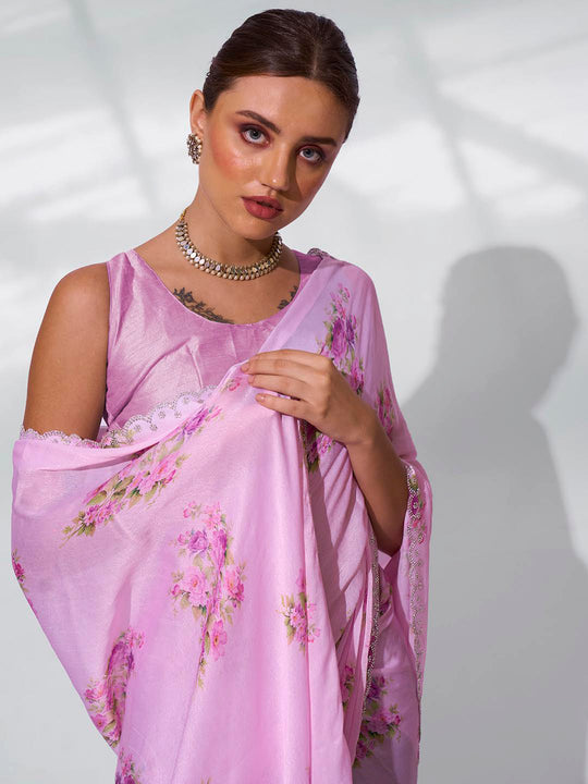 Pink Satin Party Wear Saree With Blouse Piece