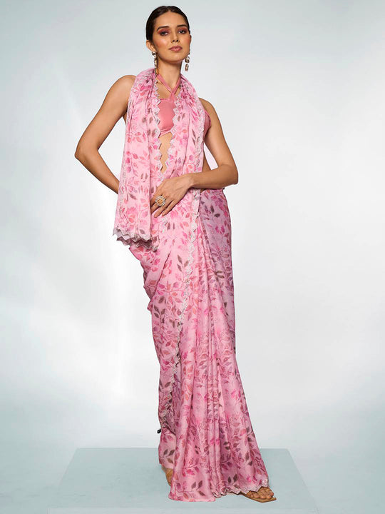 Pink Satin Party Wear Saree With Blouse Piece