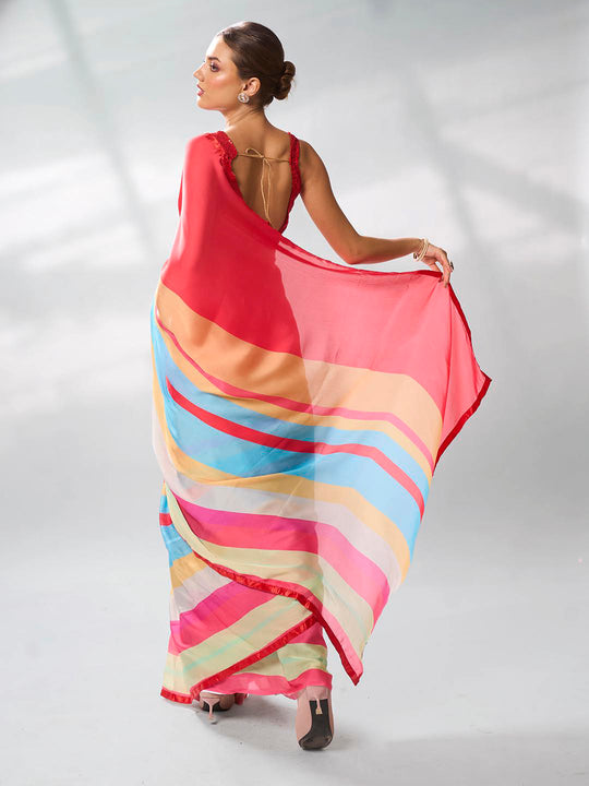 Red Satin Party Wear Saree With Blouse Piece