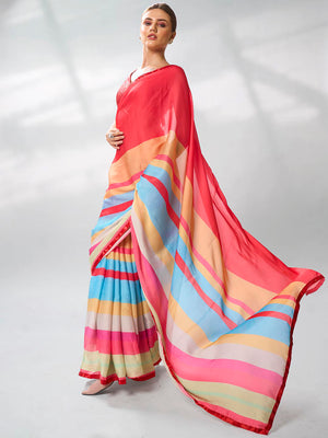 Red Satin Party Wear Saree With Blouse Piece