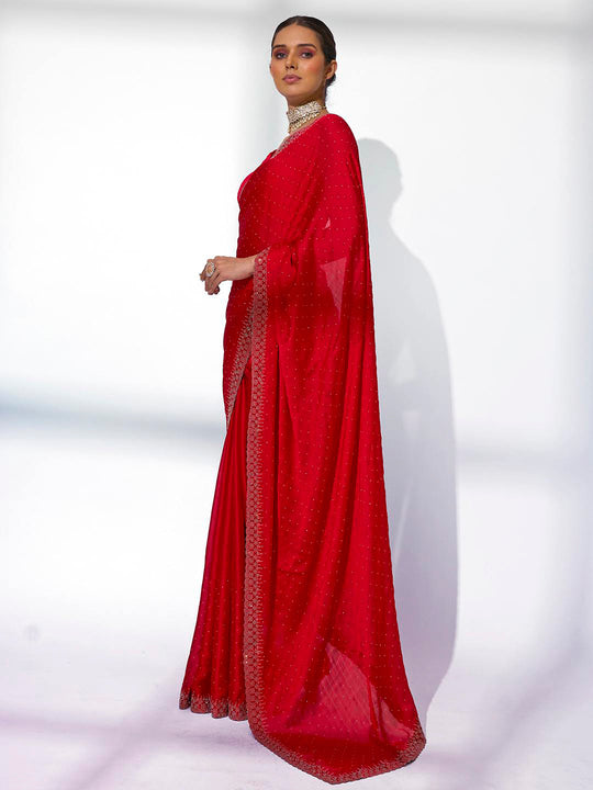 Red Satin Party Wear Saree With Blouse Piece