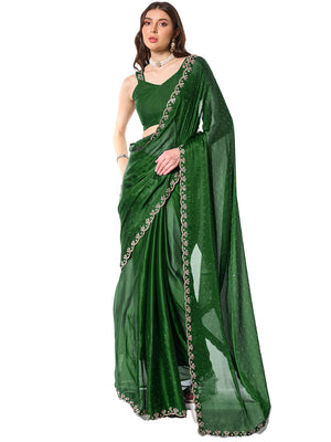 Green Embellished Beads And Stones Pure Chiffon Saree