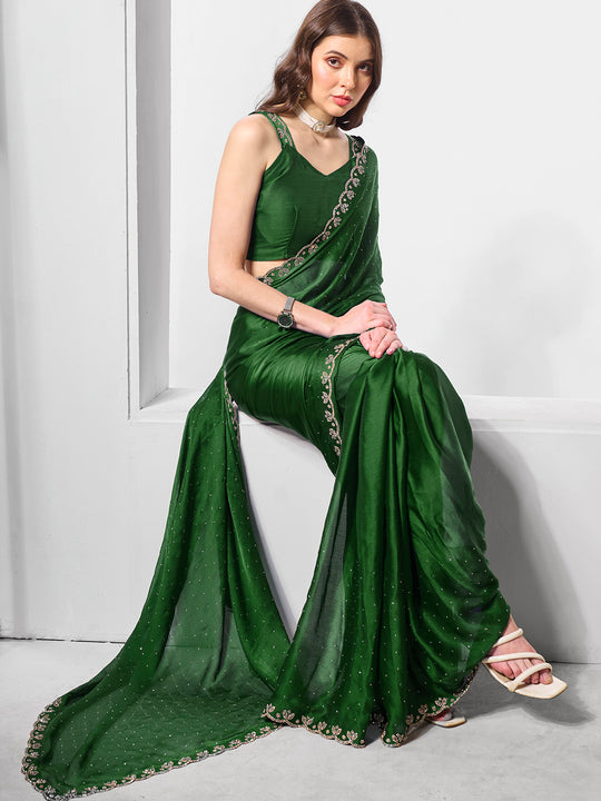 Green Embellished Beads And Stones Pure Chiffon Saree
