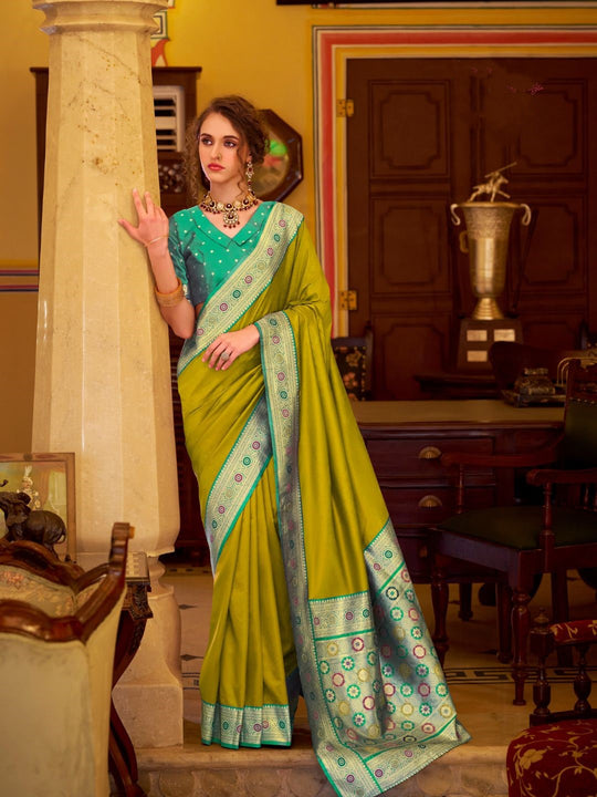 Lime Green Soft Silk Handloom Weaving Saree Border With Gold Zari Silk