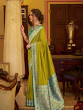 Lime Green Soft Silk Handloom Weaving Saree Border With Gold Zari Silk