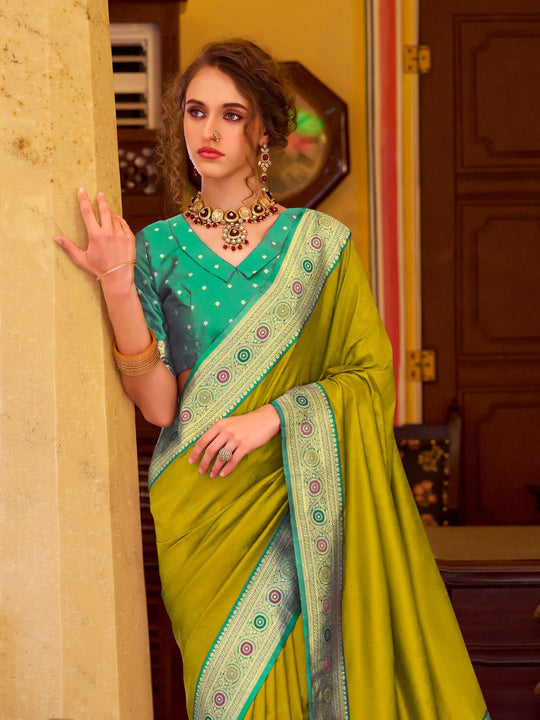 Lime Green Soft Silk Handloom Weaving Saree Border With Gold Zari Silk
