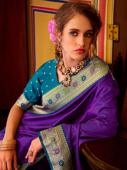 Purple Soft Silk Handloom Weaving Saree Border With Gold Zari Silk