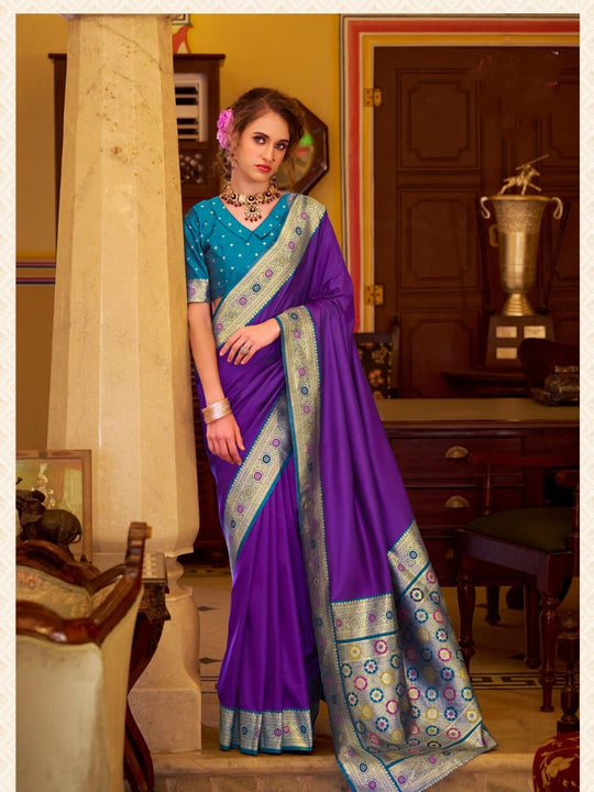 Purple Soft Silk Handloom Weaving Saree Border With Gold Zari Silk