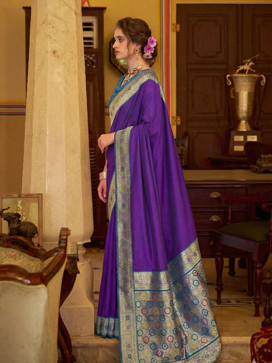 Purple Soft Silk Handloom Weaving Saree Border With Gold Zari Silk
