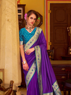 Purple Soft Silk Handloom Weaving Saree Border With Gold Zari Silk