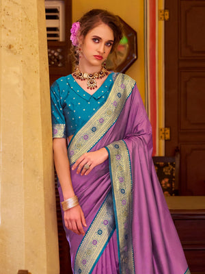 Light Purple Soft Silk Handloom Weaving Saree Border With Gold Zari Silk