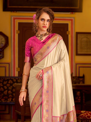 Cream Soft Silk Handloom Weaving Saree Border With Gold Zari Silk