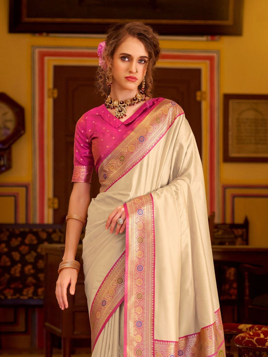 Cream Soft Silk Handloom Weaving Saree Border With Gold Zari Silk