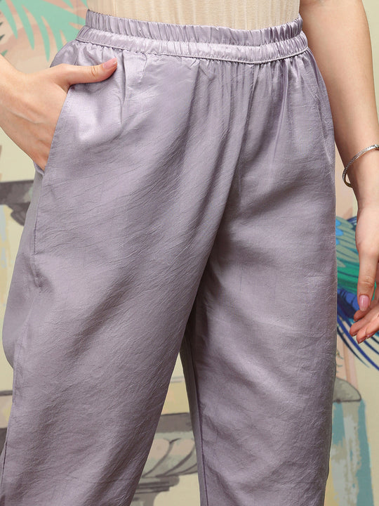 Floral Embroidered Thread Work Silk Chiffon Straight Kurta with Trousers & Dupatta