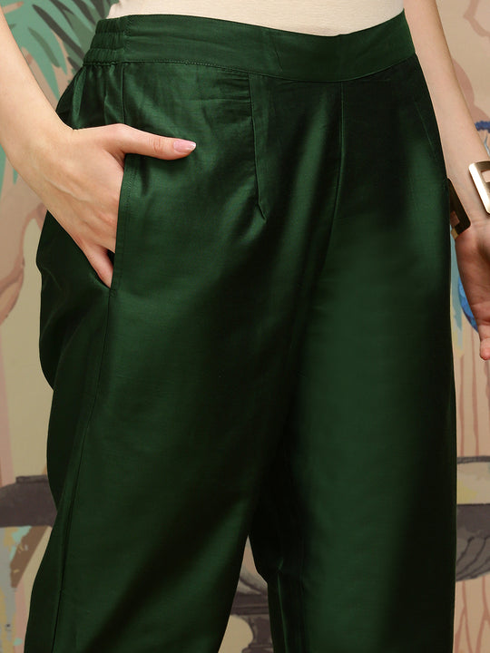 Green Thread Work Silk Crepe Straight Kurta With Trousers & Dupatta