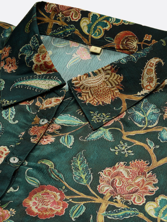 Green Floral Printed Asymmetric Kimono Sleeve Kaftan Kurta with Trousers