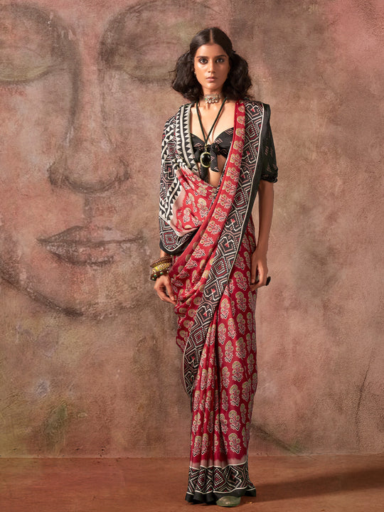 Red Ajarakh Print Satin Georgette Saree With Blouse Piece